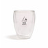 A drink bottle featuring a clear double wall design with a black logo and a mountain and palm tree graphic.