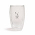 A double wall glass cup in clear with a logo on the front, designed for hot and cold beverages.