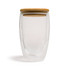 A drink bottle with a transparent double wall glass design and a wooden lid. Suitable for beverages.