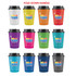 A collection of colorful travel coffee cups with black lids and fold-down handles, featuring various bright colors and designs.