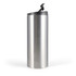 A drink bottle designed for travel, featuring a sleek stainless steel exterior and a black flip-top lid for easy access.