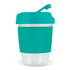 A drink cup with a clear base and a teal silicone band and lid, featuring a spill-resistant straw.