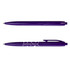 A purple plastic pen with a clickable top and a logo displayed on the barrel.