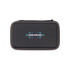 A black zippered case featuring a logo on the front, designed for storage or travel purposes.