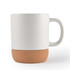 A ceramic mug with a white body and a cork base, featuring a smooth handle and a minimalist design.