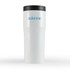 A drink bottle with a white body and black lid, featuring a logo in blue. Suitable for travel.