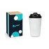 A reusable white coffee cup with a black lid displayed next to its packaging featuring a logo and graphic design.