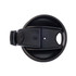A black reusable coffee cup lid with a built-in handle and a central opening, featuring a logo.