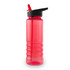 A drink bottle in a vibrant red color, featuring a black lid with a straw and a curved body design for grip.