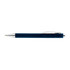 A blue plastic pen with a silver clip and details. It features a sleek, modern design.