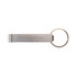 A silver bottle opener keyring featuring a circular keyring attachment and a logo on the side.