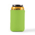 A bright green stubby holder designed to fit standard drink cans, featuring a logo.