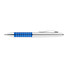 A metallic pen featuring a blue grip with polka dots and a silver barrel, equipped with a clip. It has a logo.