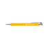 A yellow metal pen with a silver trim and a logo. Designed for writing.