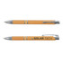 A bamboo pen with silver accents and a logo. The body is made of natural wood, showcasing a smooth finish.