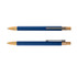 A set of blue metal pens with bamboo accents and silver clips. Each pen features a different design.