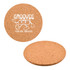 A round, natural cork coaster featuring a logo and playful design, showcasing a light brown colour.