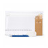 A clear pencil case containing coloured pencils, a blue pen, a ruler, and an eraser. All items are arranged neatly.