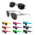 Two pairs of white sunglasses with black lenses and multiple pairs in vibrant colours, including yellow, orange, pink, purple, and blue.