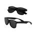 Two pairs of black sunglasses, featuring a classic design, resting against a white background.