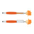 A stylus pen in orange and white with a whimsical character head featuring orange yarn hair and a smile. It has a logo.