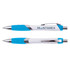 A plastic pen in white and blue with chrome accents and a clip, featuring a logo.
