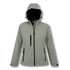 A women's softshell jacket in a light grey colour with a hood and multiple zippered pockets.