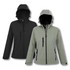 A women's softshell jacket available in black and light green, featuring a hood and multiple zippered pockets.