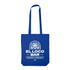 A blue cotton long handle bag with a decorative logo and text design on the front.