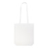 A white cotton long handle bag with two sturdy straps. It features a plain design and has a logo on it.