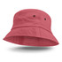 A pink Bondi bucket hat with a wide brim and ventilation holes. It features a simple design and has a logo.
