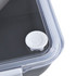 A black lunch box with a clear lid and a white pull-tab for secure sealing. It features a logo on the lid.