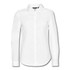 A white long sleeve button-up shirt with a collar and a branded logo.