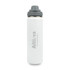 A drink bottle in white with a grey lid and a logo. It features a stainless steel vacuum design.