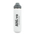 A drink bottle in white with a grey lid and a logo. Ideal for keeping beverages hot or cold.