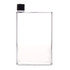 A drink bottle with a transparent body and a black cap, featuring a simple rectangular design.