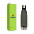 A drink bottle in a sleek grey finish with a silver top, displayed alongside a green box. It features a logo.