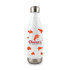 A drink bottle with a white body featuring orange splatter designs and a logo. It has a stainless steel base.