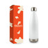 A drink bottle in white with a stainless steel base, packaged in a vibrant box featuring a playful design.