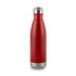 A drink bottle in a vibrant red colour with a stainless steel base and a silver cap, featuring a logo.