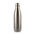 A drink bottle in a sleek metallic finish with a screw-top lid and a circular base. Features a logo on the surface.