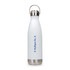 A drink bottle in white with a stainless steel bottom and a hanger lid, featuring a logo.