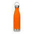 A drink bottle in bright orange with a stainless steel bottom and a hanger lid. It features a logo on the surface.