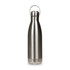 A stainless steel drink bottle with a hanger lid, featuring a sleek, silver finish.