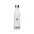 A drink bottle with a sleek white finish and a stainless steel base, featuring a logo on the front.
