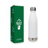 A drink bottle with a sleek white exterior and stainless steel base, displayed next to a green packaging box featuring a logo.