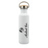 A drink bottle made of recycled aluminium, featuring a white finish and a bamboo lid, with a logo printed on it.