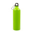 A drink bottle in a vibrant green color, featuring an aluminum design and a black cap with a carabiner attachment.
