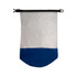 A waterproof bag featuring a white upper section and a blue lower section, secured with a black closure and logo branding.