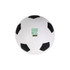 A white soccer ball stress reliever with black patches and a logo on one side.